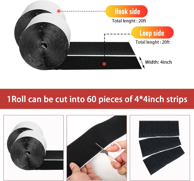 PTUNA 20Ft *4 Inch Hook and Loop Tape with Adhesive Back, Heavy Duty Double Sided Adhesive Strips, Strong Sticky Strips Roll for Home/Office/School/Car, Black - Image 2